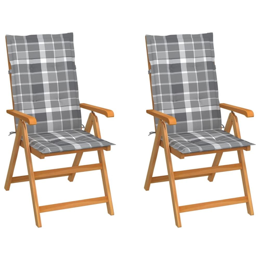 Vidaxl Záhradné stoličky 2ks so sivými kockovanými podložkami tíkový masív